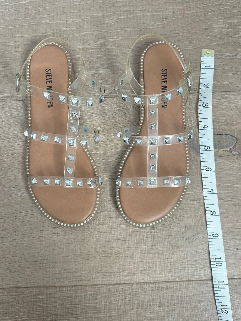 Steve Madden Clear T-Strap Studded Sandals - Silver Accents